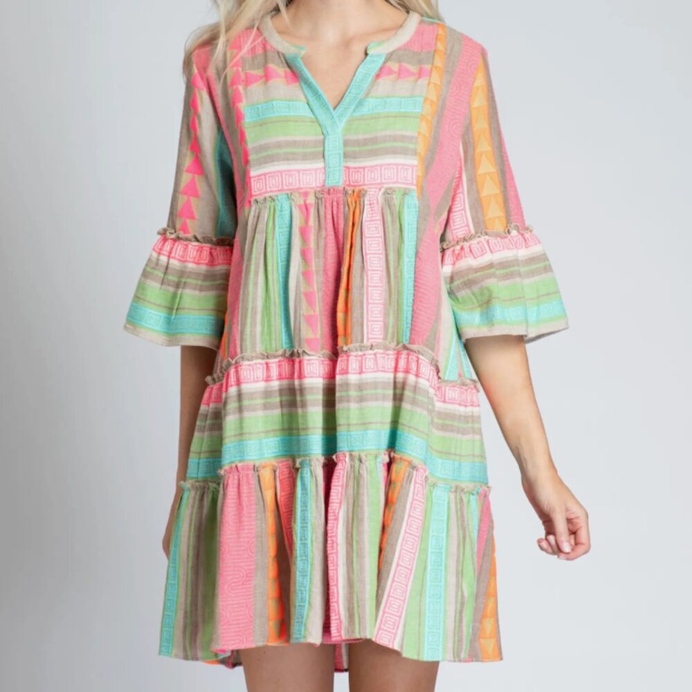 APNY Mixed Print Tiered Cotton Tunic Dress in Pink Multi Size M - Picture 4 of 14